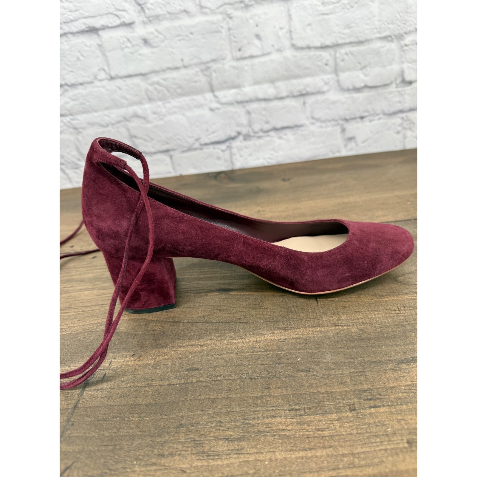 Loeffler Randall Clara Burgundy Suede Ankle Wrap Block Heel Pumps 9B Balletcore