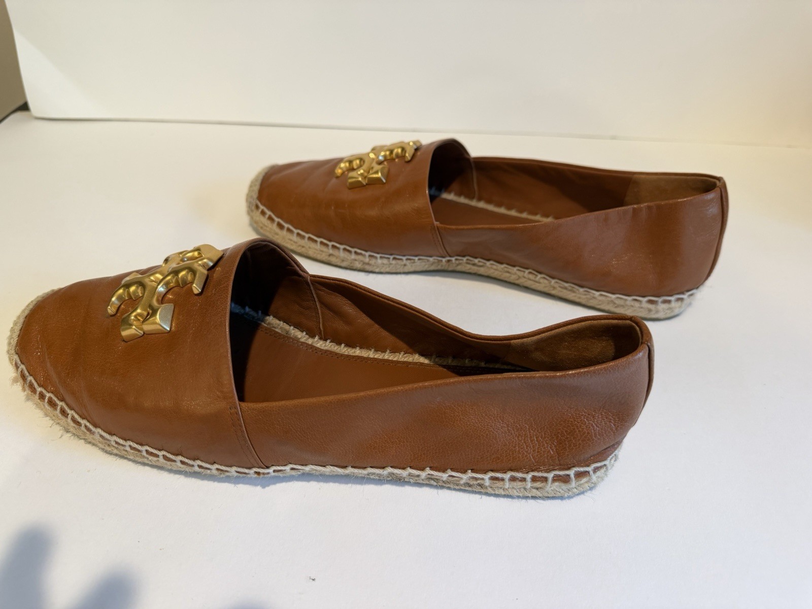 Tory Burch Eleanor Calf Leather Espadrille Flats Bourbon Gold Size 10 Box