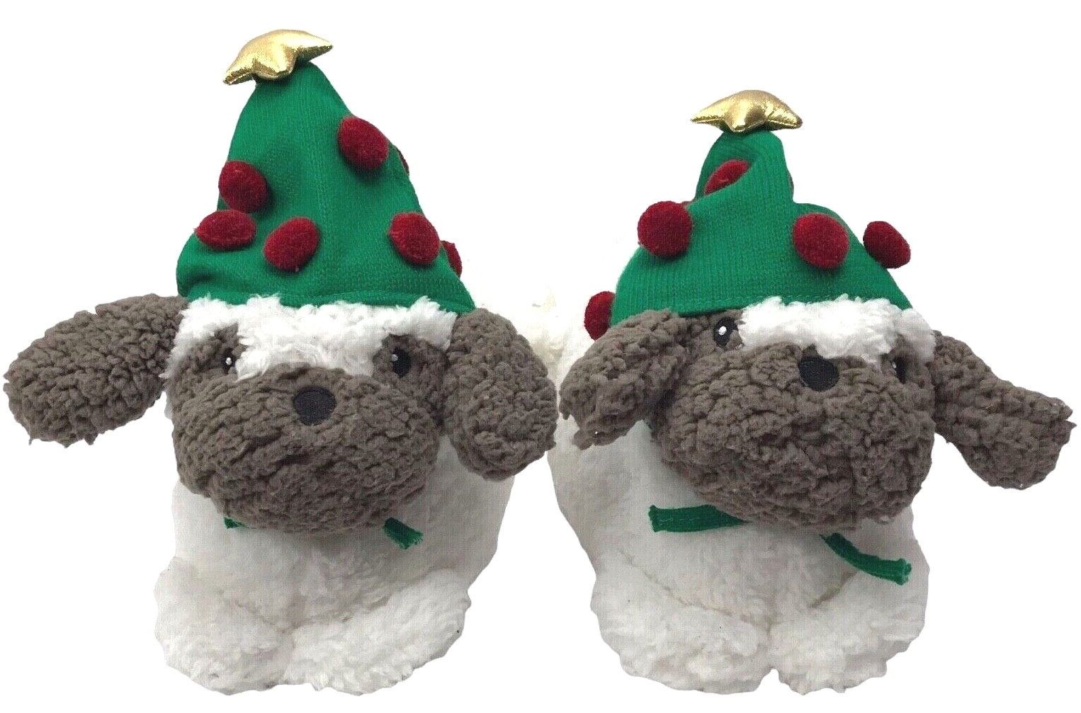 Aerie Holiday Fleece Puppy Slippers Adult L Christmas Tree Knit Star Pom Hat NWT
