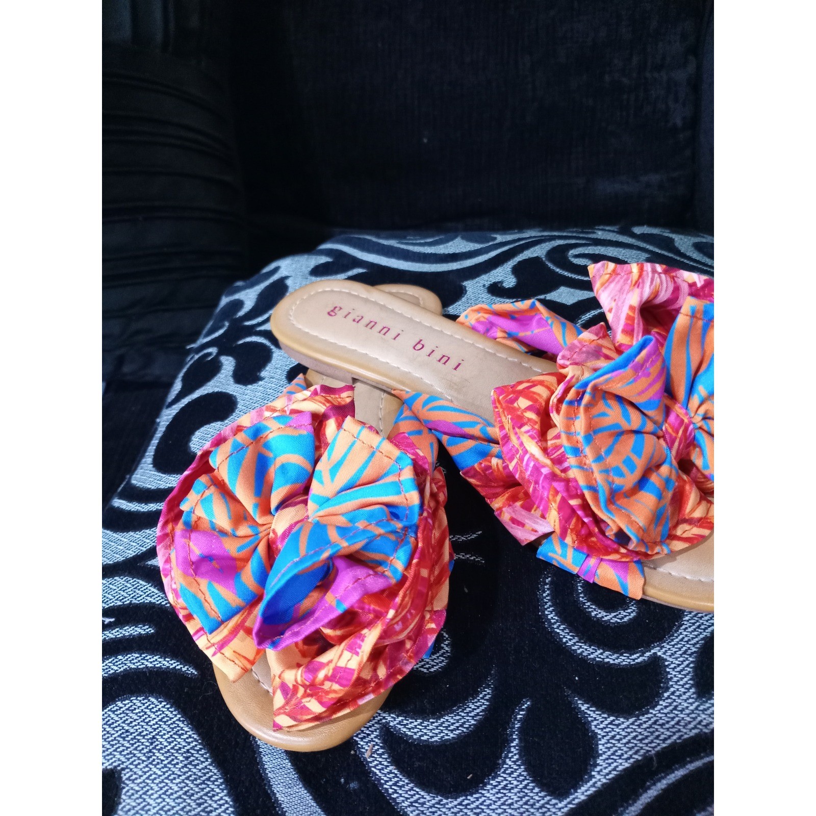 Gianni Bini Tropical Floral Ruffle Bow Flat Slide Sandals Orange Pink Blue 7.5M