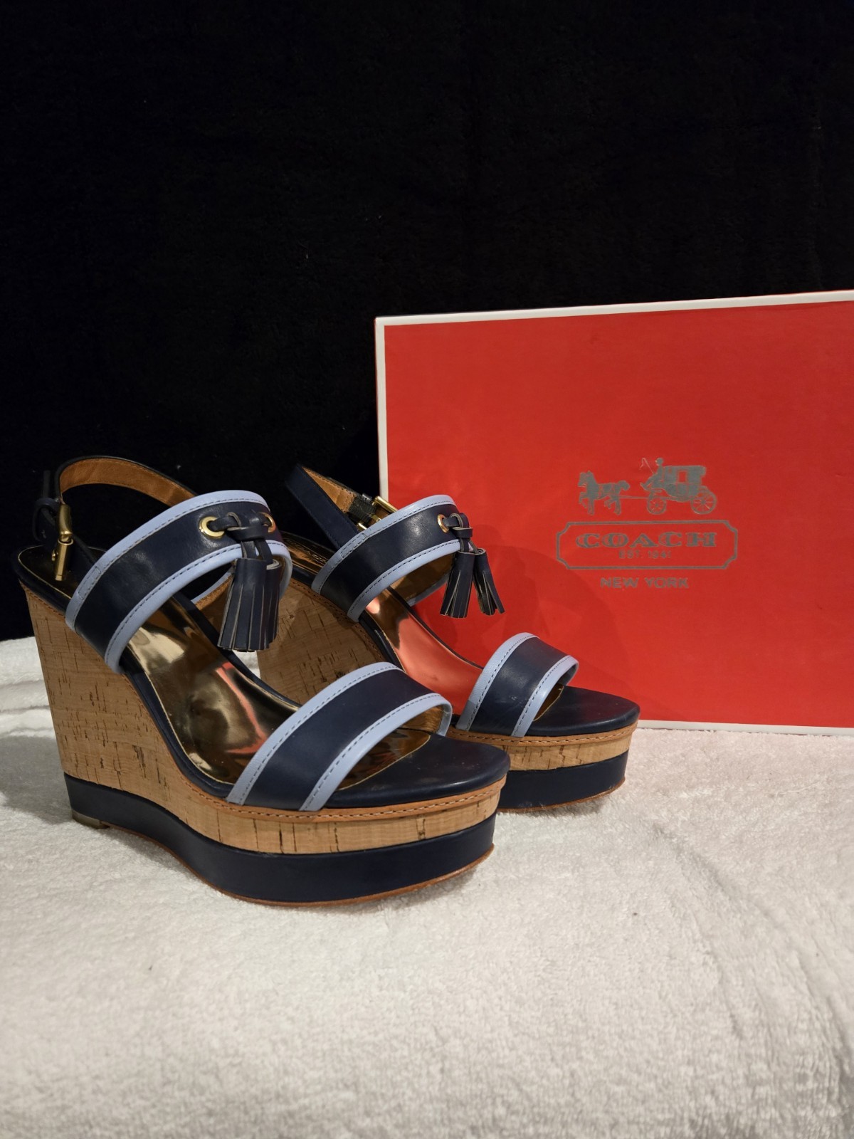 Coach Navy & Sky Blue Leather Strap Sandals Size 9.5 US