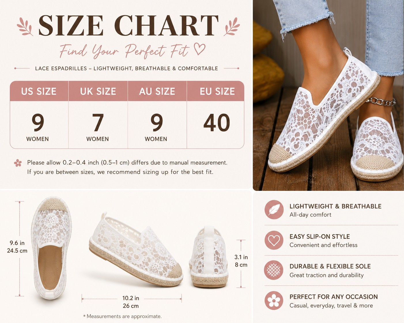 ✨ Brand New Women’s White Floral Lace Espadrille Slip-On Flats – US Size 9…