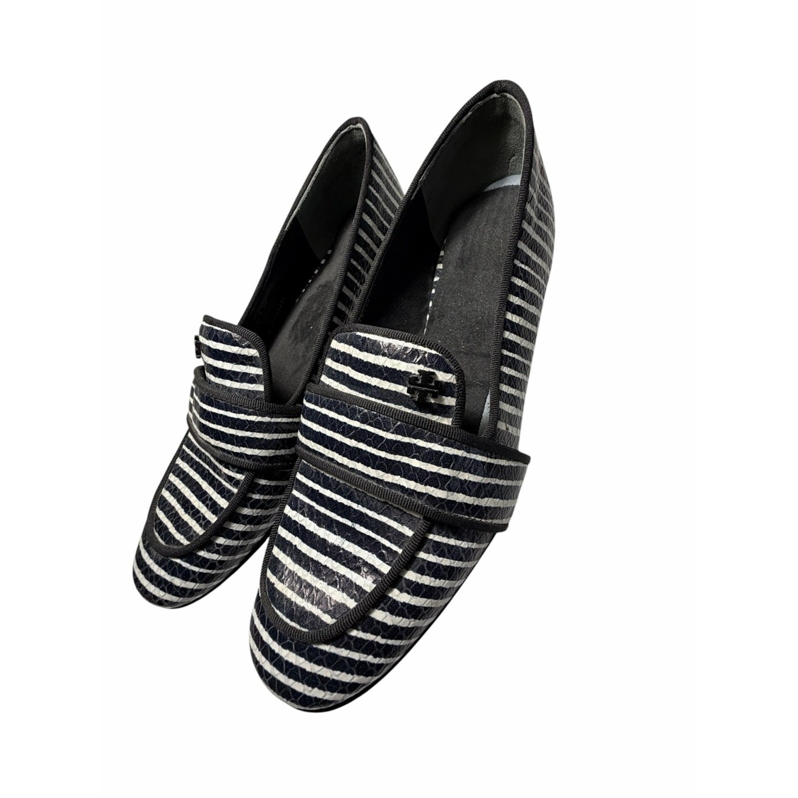 Tory Burch Evette Penny Loafers Striped Black & White Leather Loafers Sz 5.5