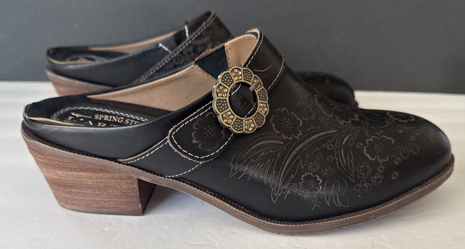 L’Artiste Spring Step Brown Hand Painted Floral Leather Clog Mule Size 42/US 11