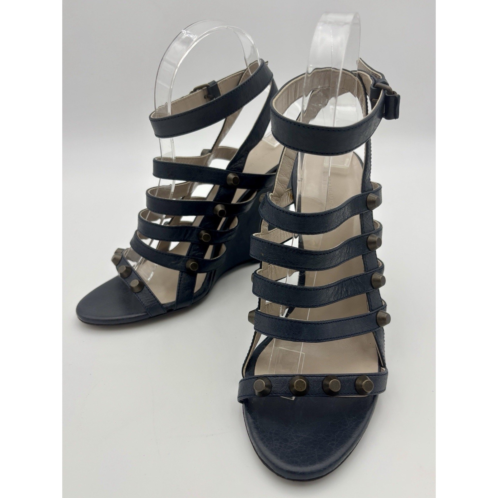 Balenciaga Wedge Sandals Navy Blue Leather Studded Size 39 / 9 Ankle Strap