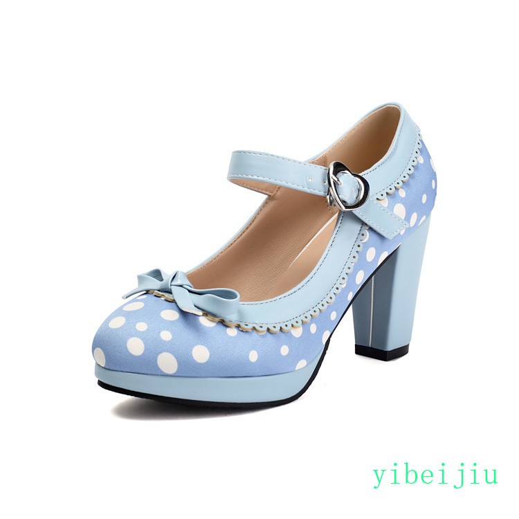 Womens Polka Dot Mary Jane Bowtie High Heel Platform Shoes Fabric Plus Size 2026