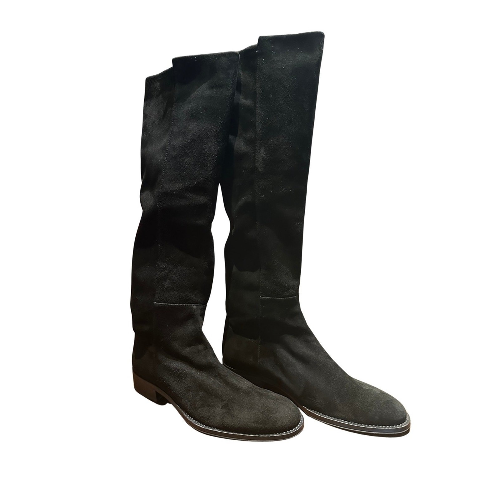 Stuart Weitzman Black Suede Knee High Pull On Flat Boots Size 6.5M Made in Spain