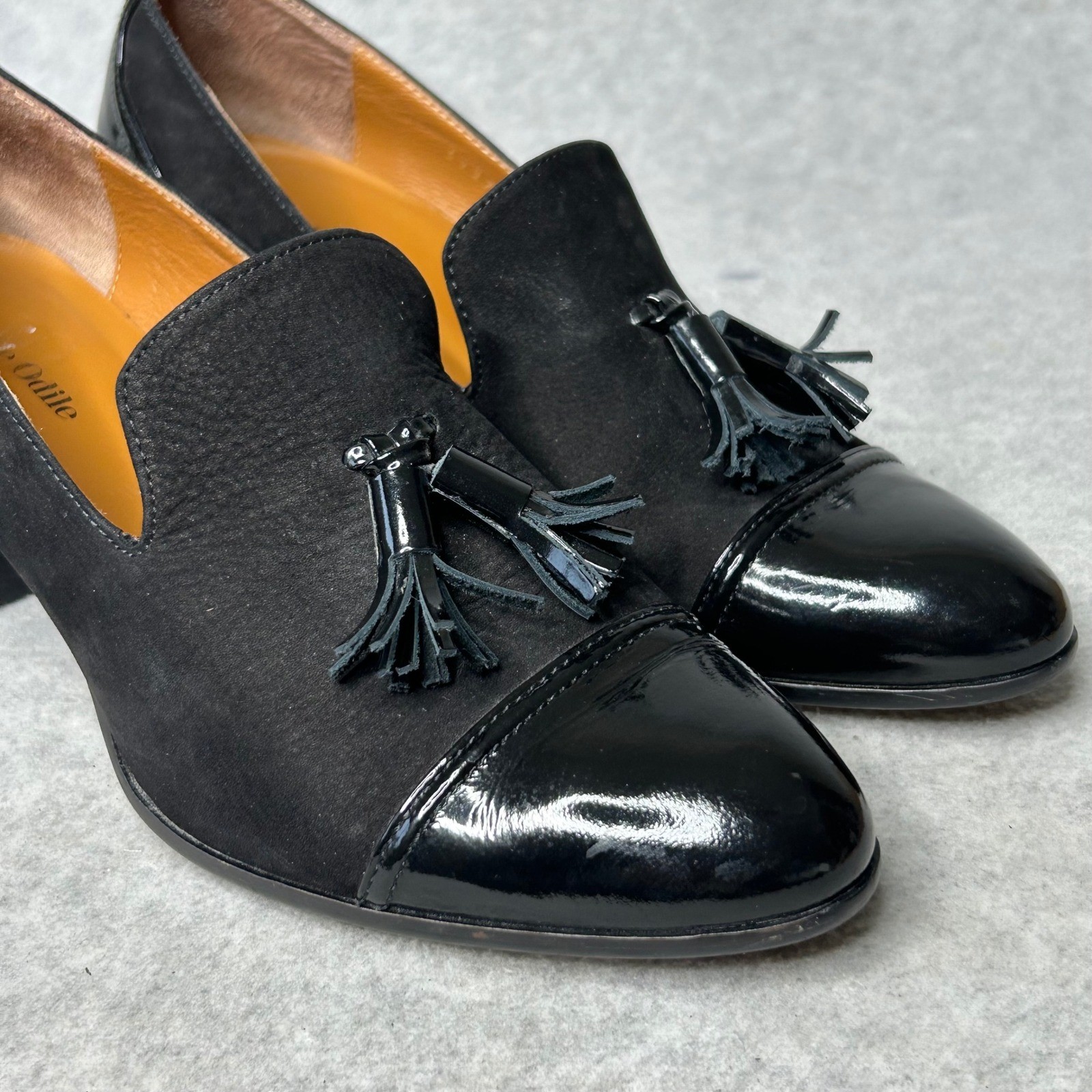 Odette e Odile Black Suede Patent Block Heel Tassel Loafers Made Japan 24 US 7