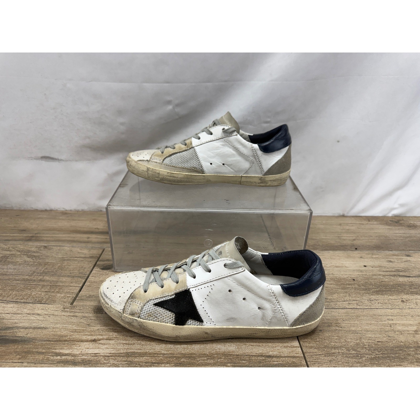 Golden Goose Superstar Sneakers White Leather Black Star Navy Heel Size 40