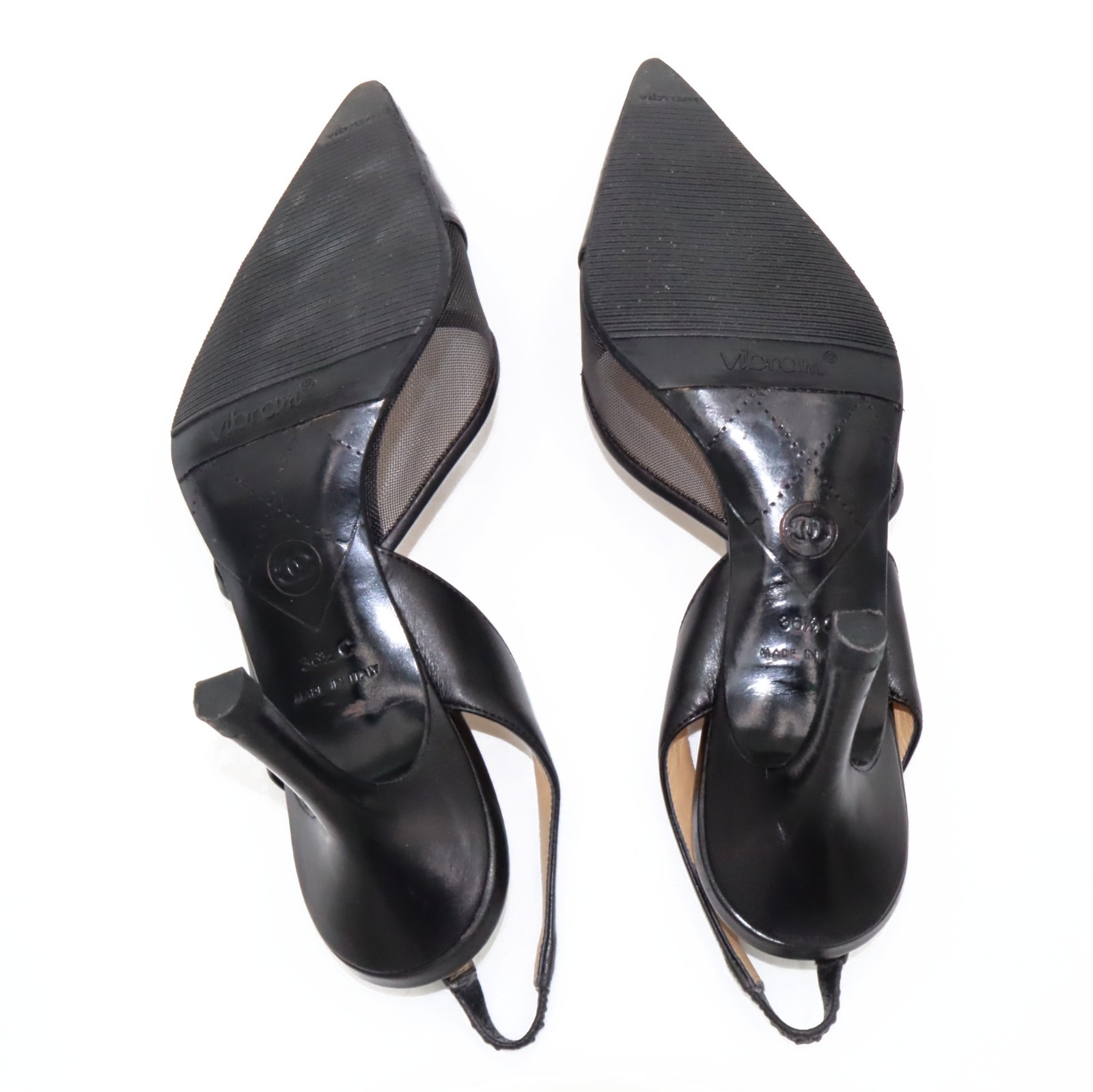 Chanel Vintage CC Mesh Leather Slingback Pumps Black Sz 36.5