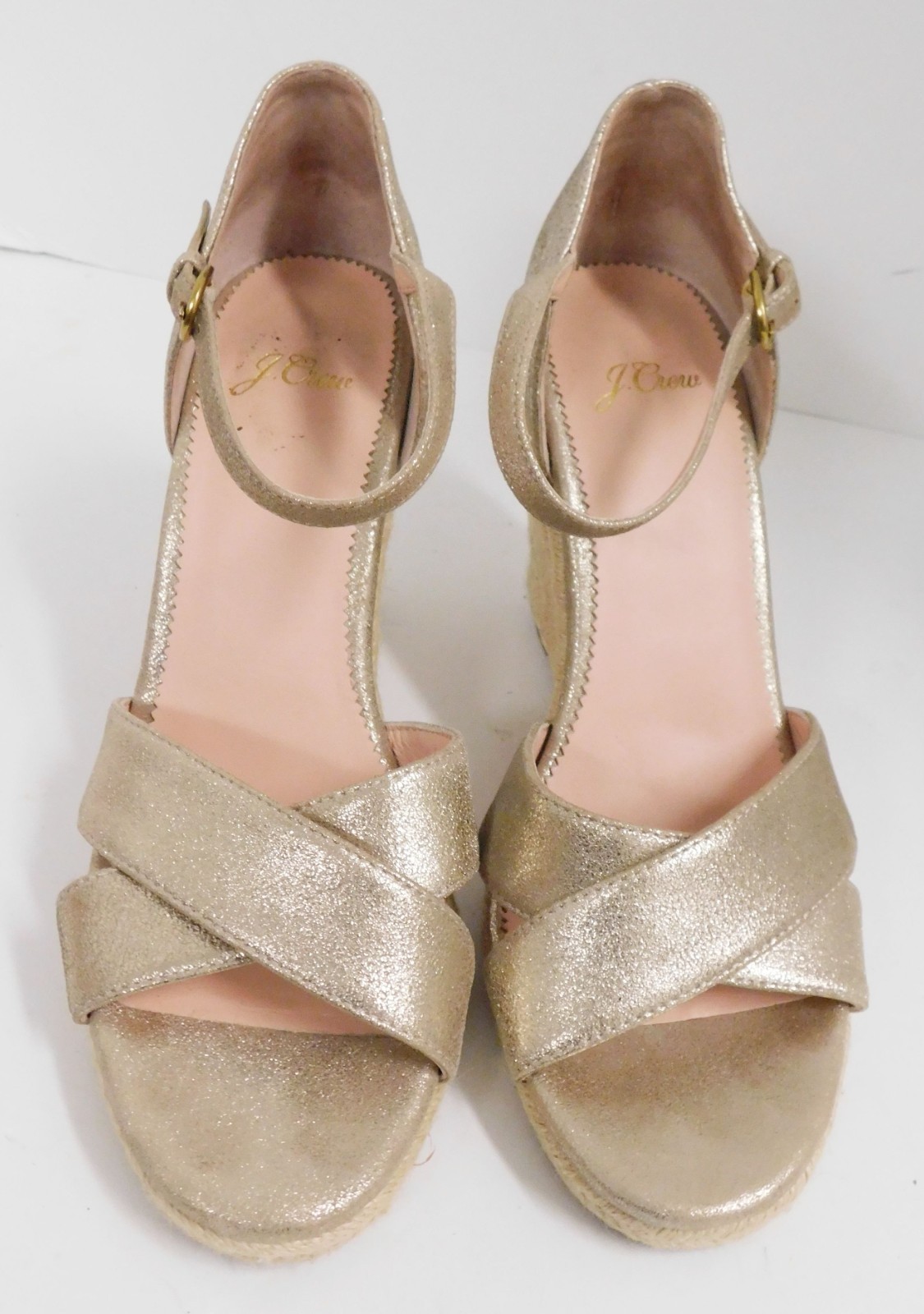 J. CREW Gold Metallic Leather Espadrille Jute Wedge Sandals 9