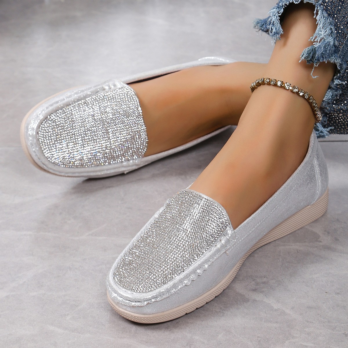 Men’s Loafers Flat Glitter Rhinestone Round Toe Causal Mary Janes Shoes Slip On