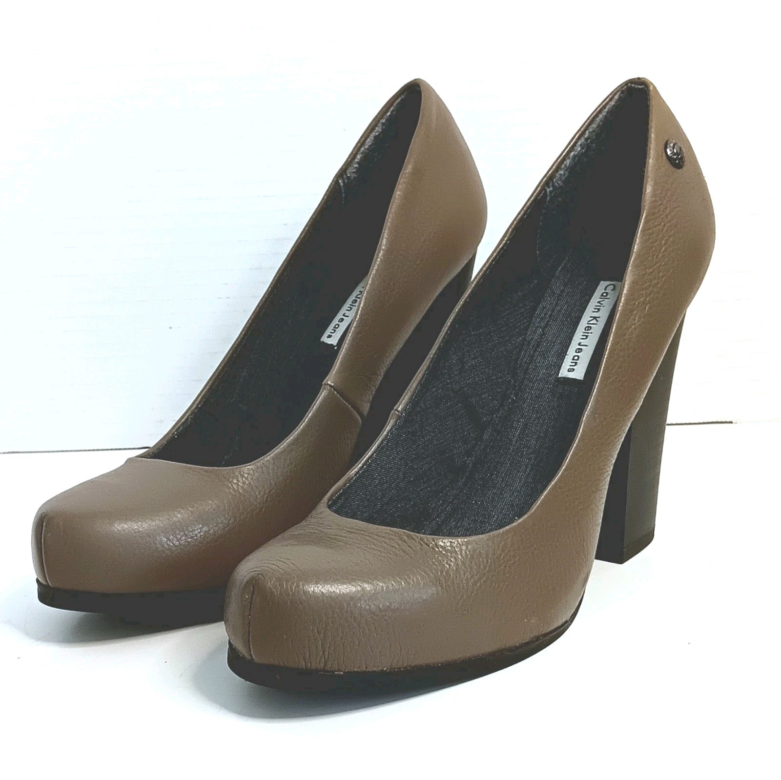 Calvin Klein Ryleigh Burnished Brown Block Heel Leather Pumps US 9 Rare Work EUC