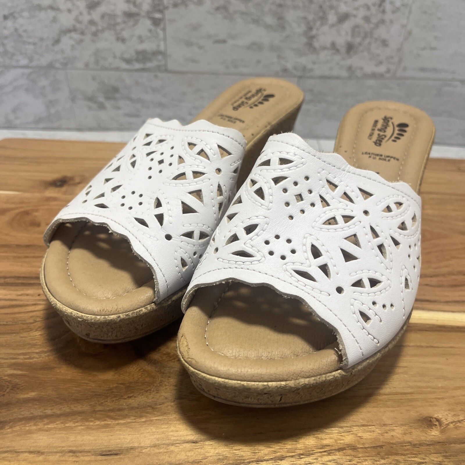 Spring Step «Estella» Slide Wedge Heel Sandals Sz 37 White Leather Made Italy