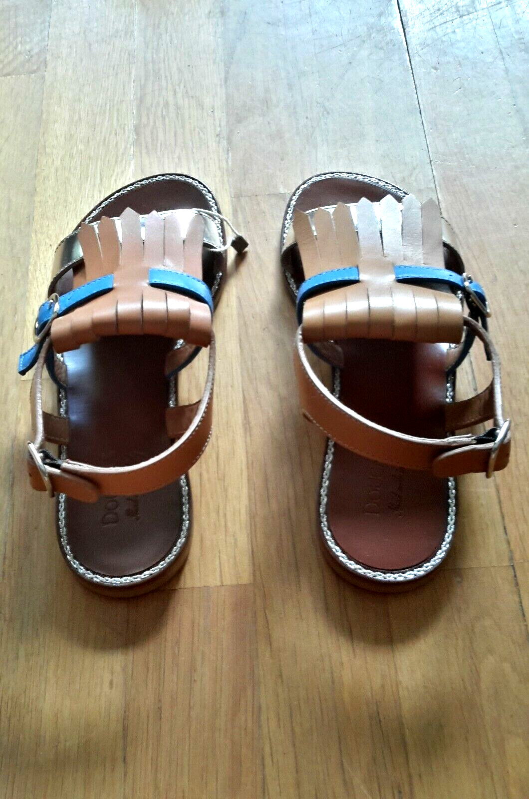 NEW DOUCAL’S LUXURY ITALIAN DESIGNER sandals moccasin tan blue silver IT35 US5 3