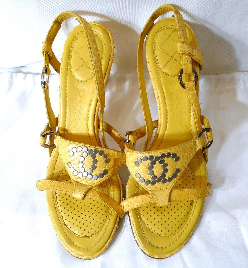 CHANEL Yellow Lizard Leather Mules 22-23cm Big COCO Mark Rare Design