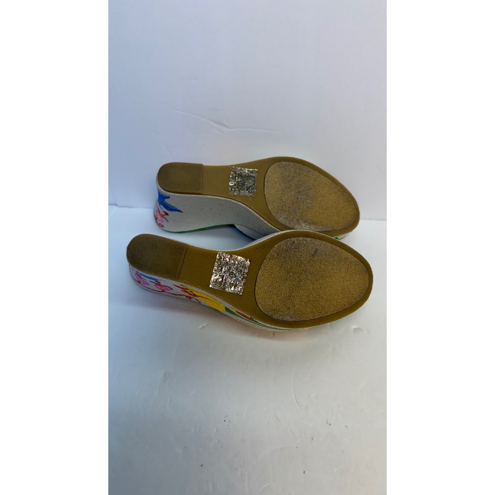 Bongo Vintage Floral Embroidered Wedge Sandals Green Canvas Bow Slides Size 7