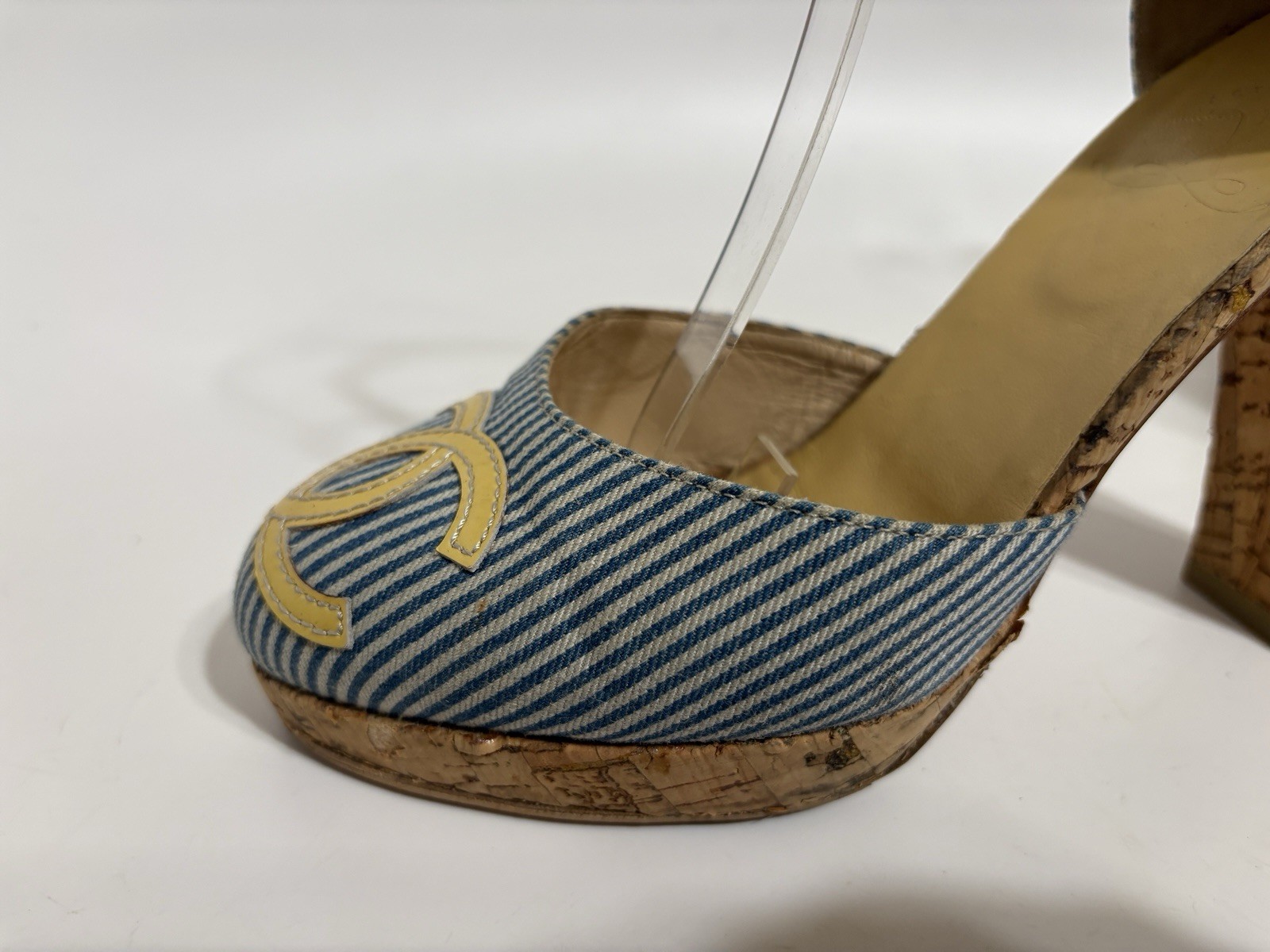 Vtg Chanel Blue CC Logo Striped Platform Heels 37
