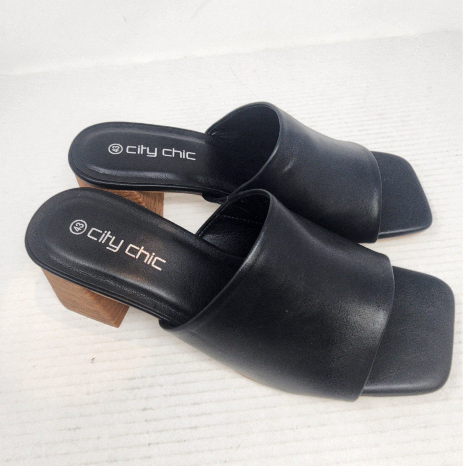 City Chic Heel Hazel Black Square Toe Block Heel Mules Sandals 12W NEW