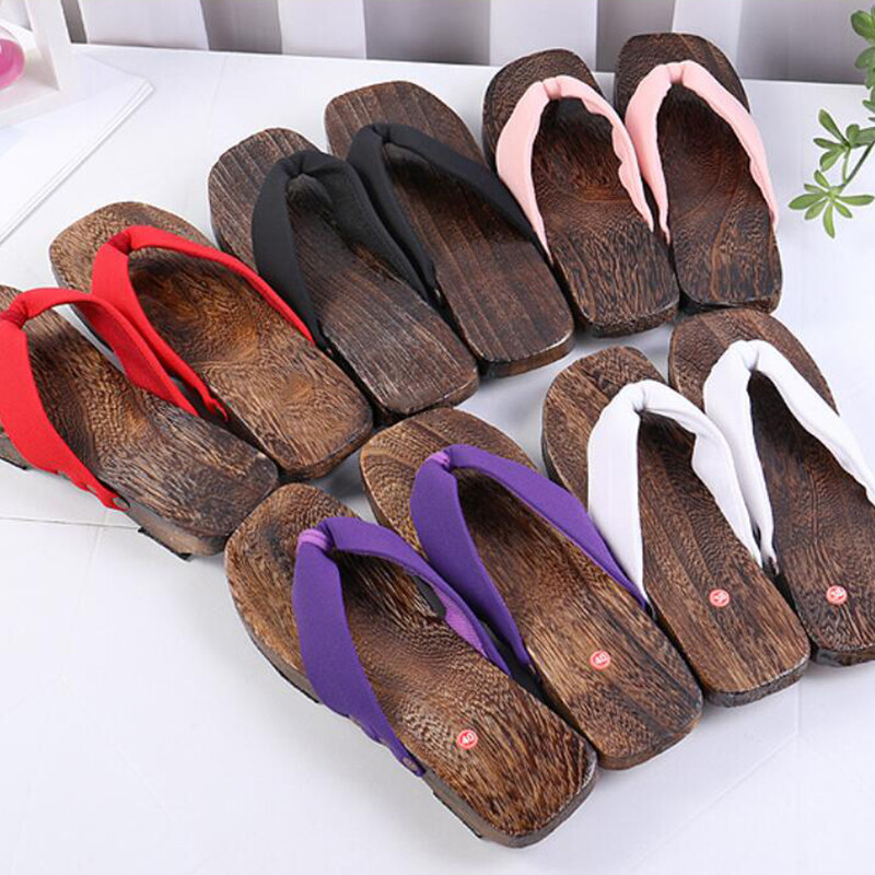 3.5cm Heel Geta Japanese Clogs Slippers Wooden Flip-flops Soild Color Costume US