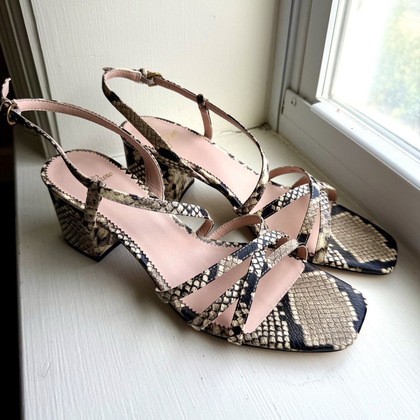 J. Crew Odette #AN891 Snake Embossed Leather Strappy Sandals Sz 9 Chunky Heel