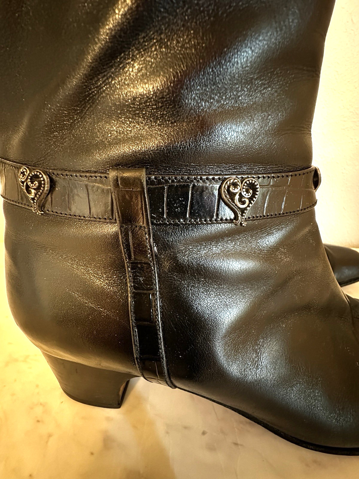 Brighton Gypsy Black Leather/Silver Mid-Calf Boots Italy Sz 9.5M Booties BoHo