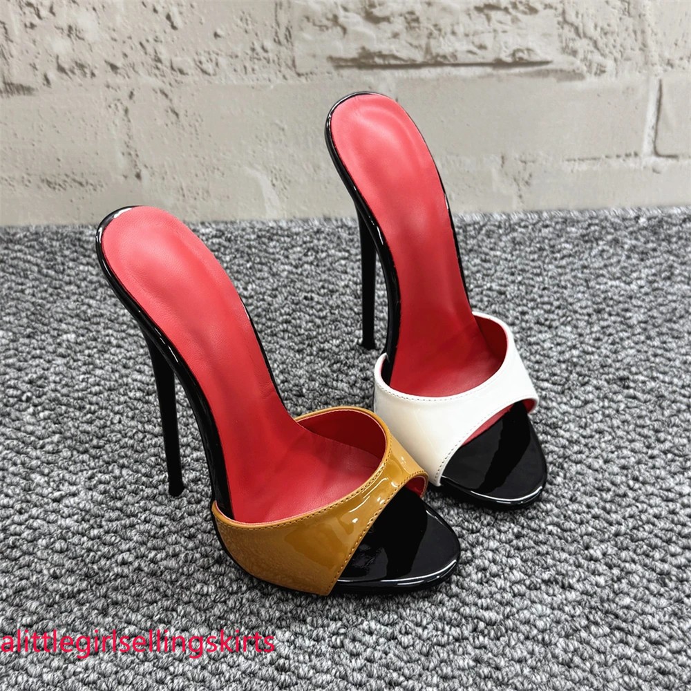 Women 16cm Mules Sexy Stilettos Slippers Patent Leather Summer High Heels Pumps