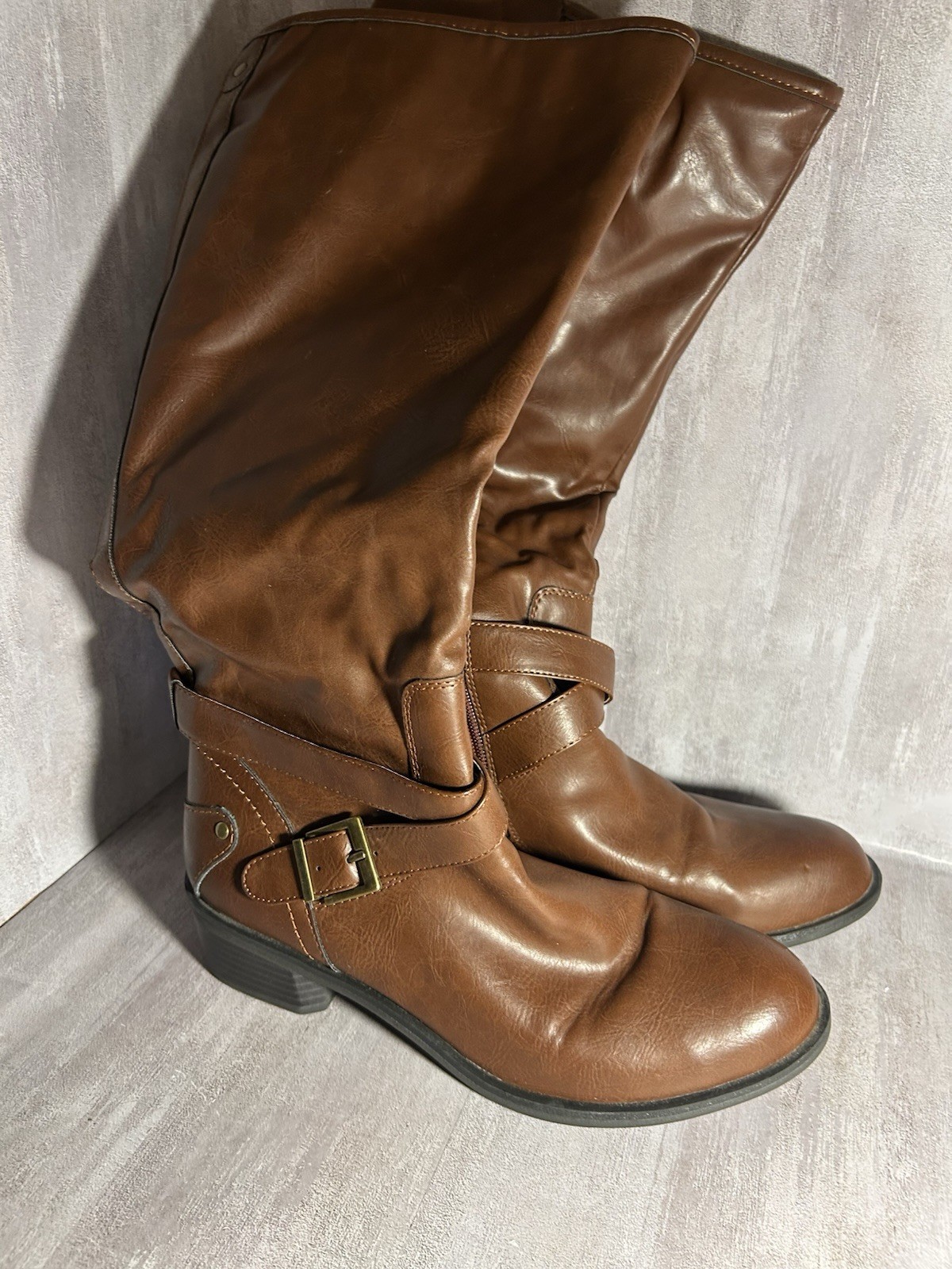 ANA New Approach Brown Boots Size 9 Zip Up Knee High Buckle Riding A17