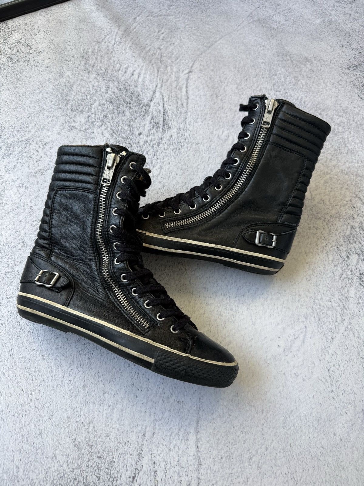 Ash Black Leather High Top Sneakers Zip Buckle Punk Y2K Avant Garde Japanese
