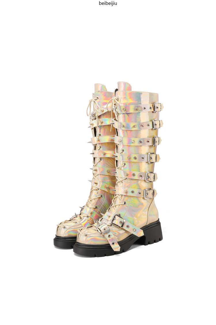 Women’s Punk Cosplay Mid Calf Boots Spike Studded Mid Block Heel Buckle Shoes Sz