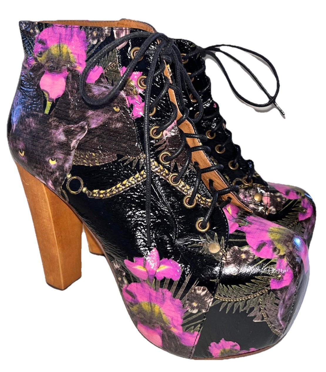 Jeffrey Campbell Lita Purple Panther Platform Ultra High Lace Up Booties 7.5 EUC