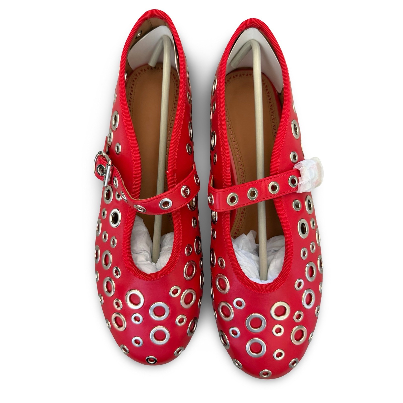 Red Grommet Mary Jane Flats Buckle Strap Eyelet Shoes Womens 8.5 NEW