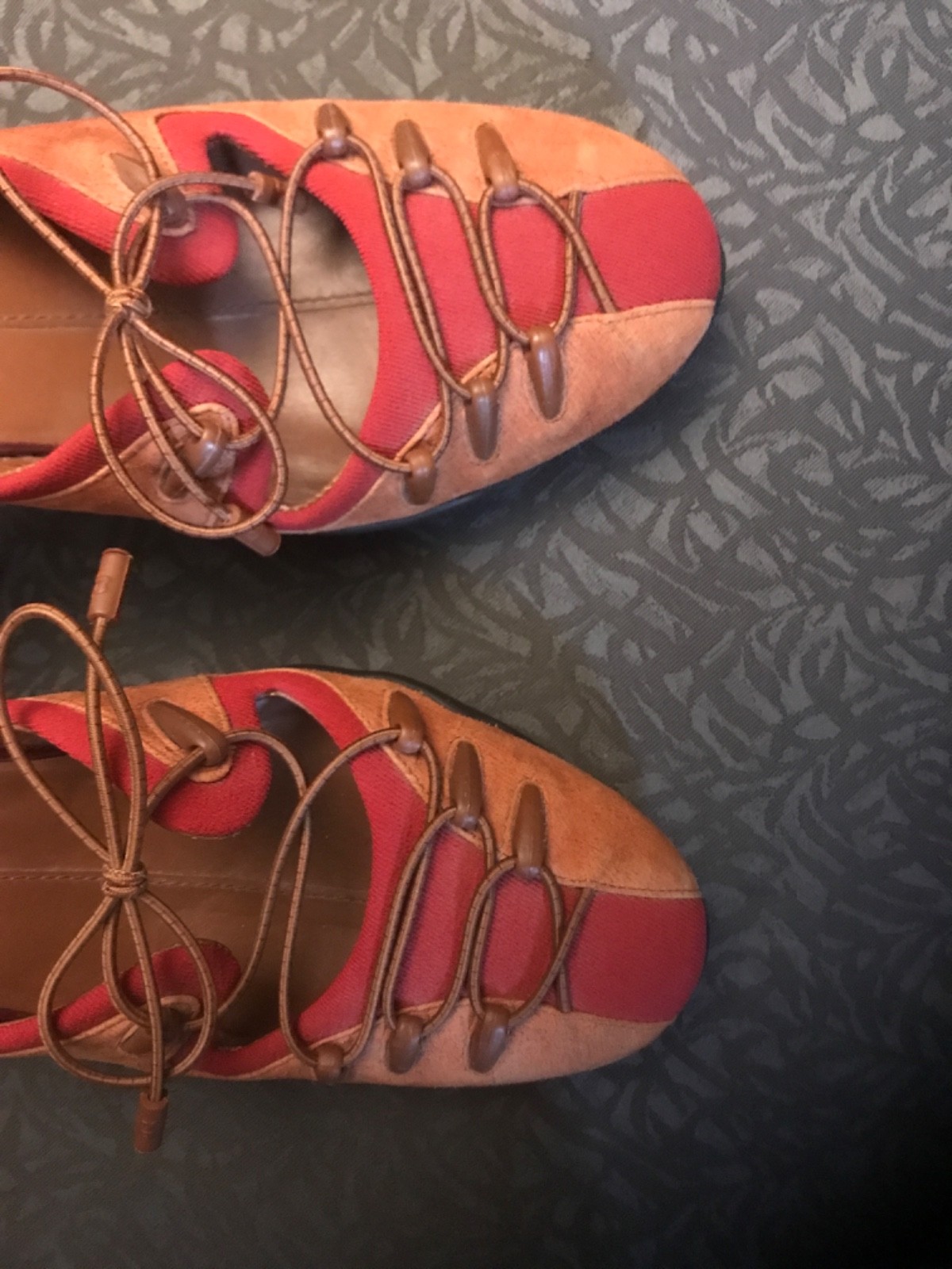 Cole Haan G Series Red Leather, Fabric Lace Up Stiletto Heels Pumps