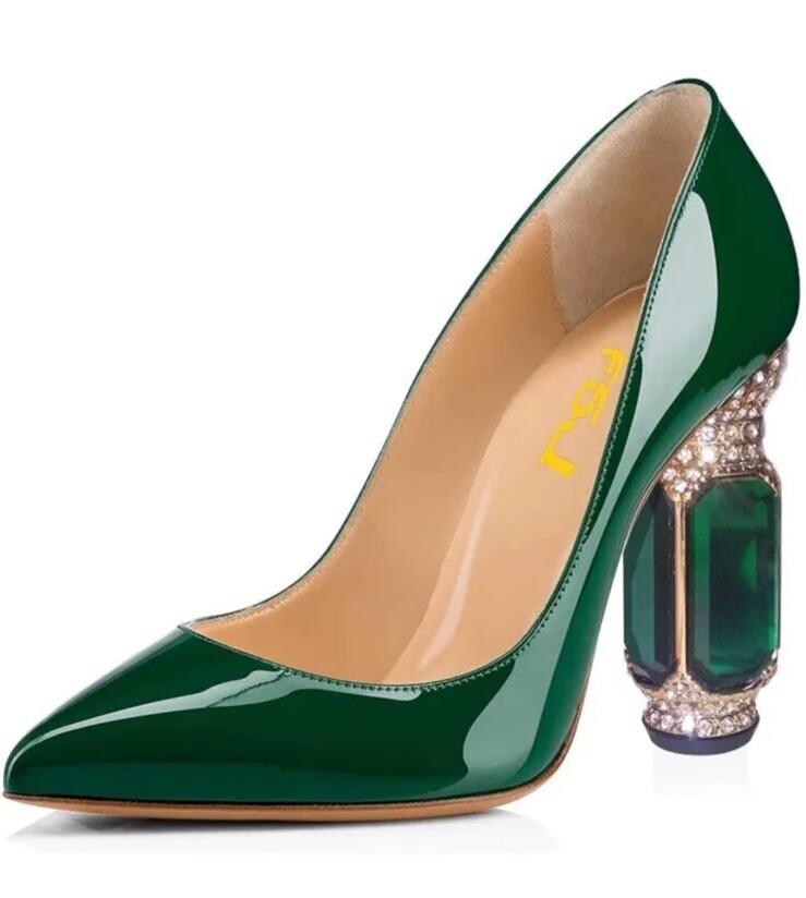 FSJ Green Patent Leather Faux Rhinestones Large Faux Emeralds Encrusted Heels 9