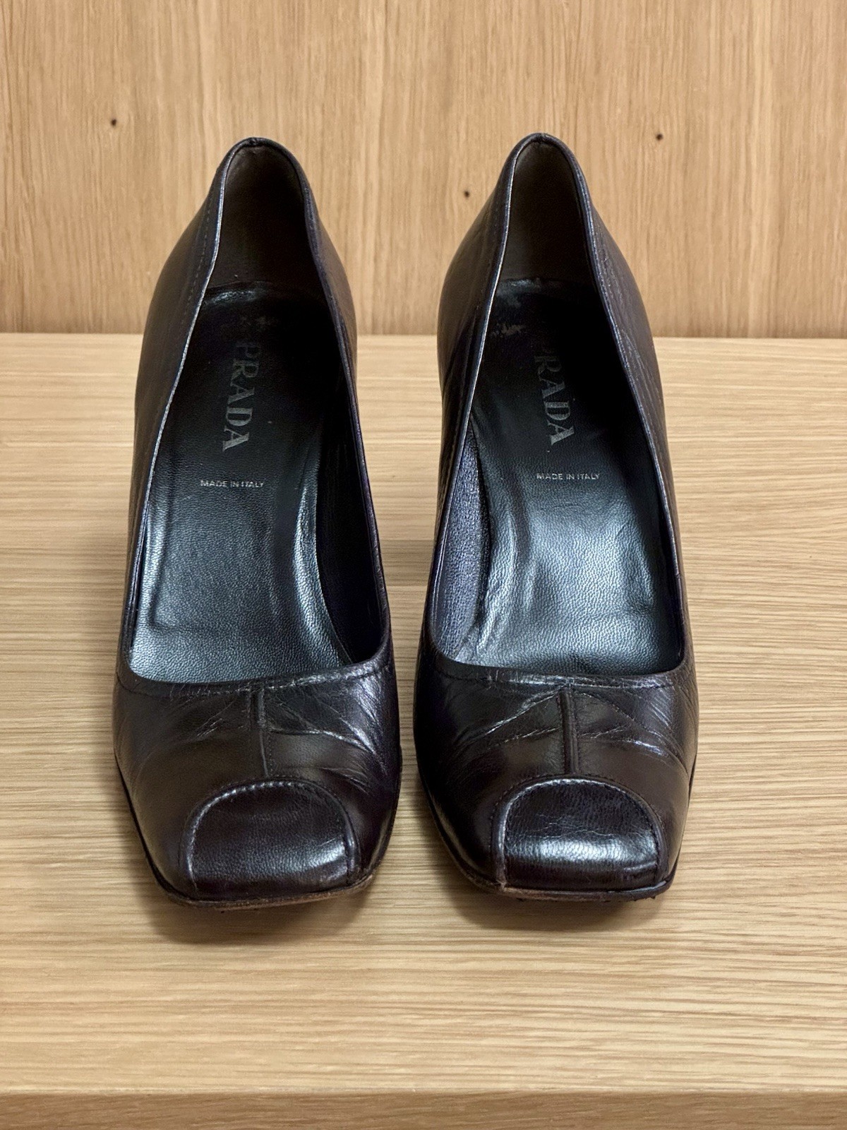 Prada Black Leather Square Toe Block Heel Pump, Women’s IT 36 / US 6, Y2K Shoes