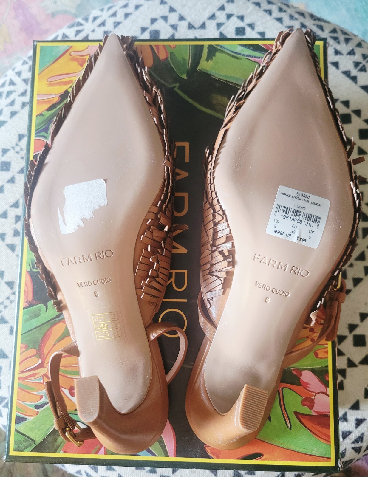 FARM RIO Women’s Brown Leather Slingback Pointed Toe Fringe Block Heels 8