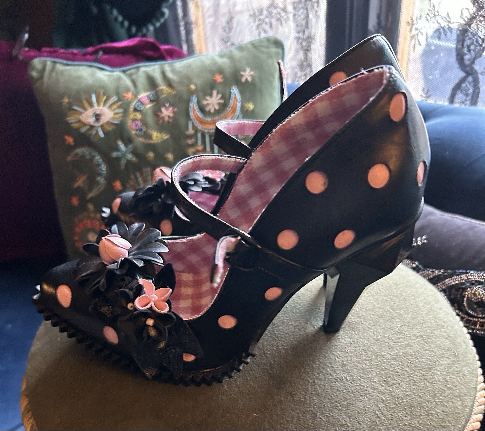 Irregular Choice Black Pink Polka Dot Cat Flower Strap Buckle Pumps Women’s