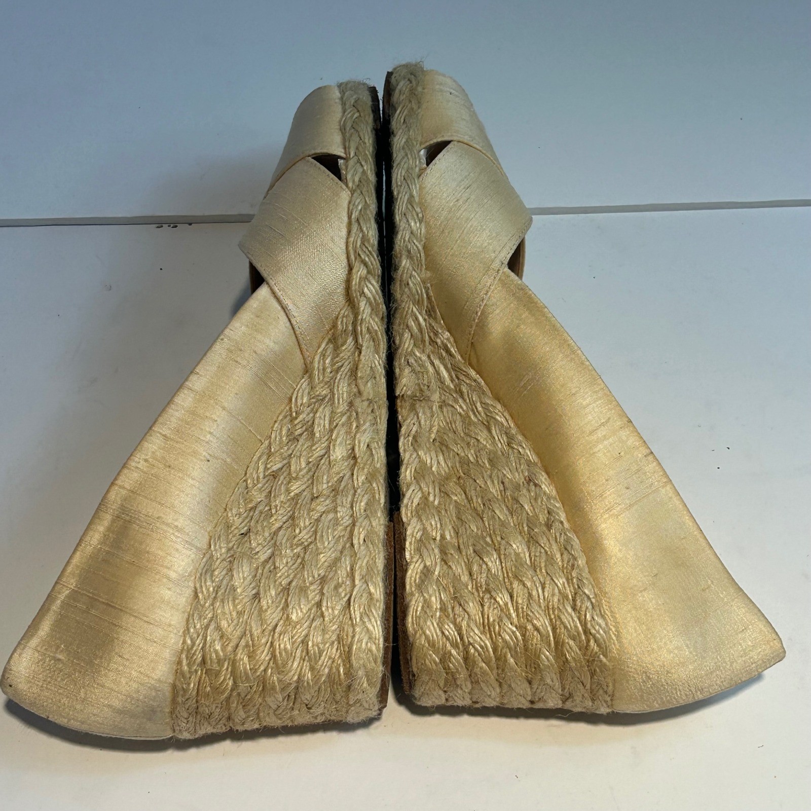 Lauren Ralph Lauren Cecilia Parchment Shantung Espadrille Wedges Gold 9B Spain