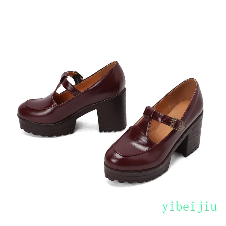 Women’s Mary Janes Leather Shoes High Thick Heel Platform T Strap Retro Vintage