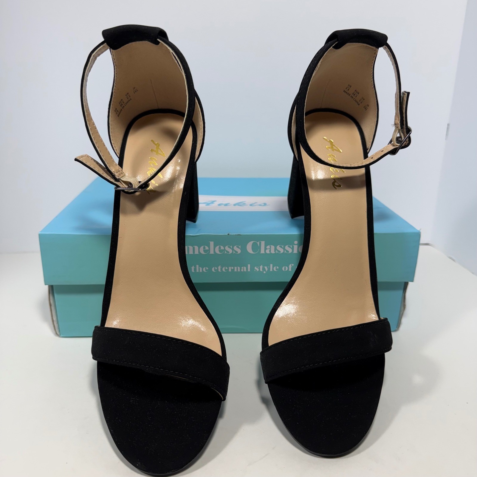 Ankis Women Black Faux Suede Block Heel Ankle Strap Sandals Size 7.5 Open Toe