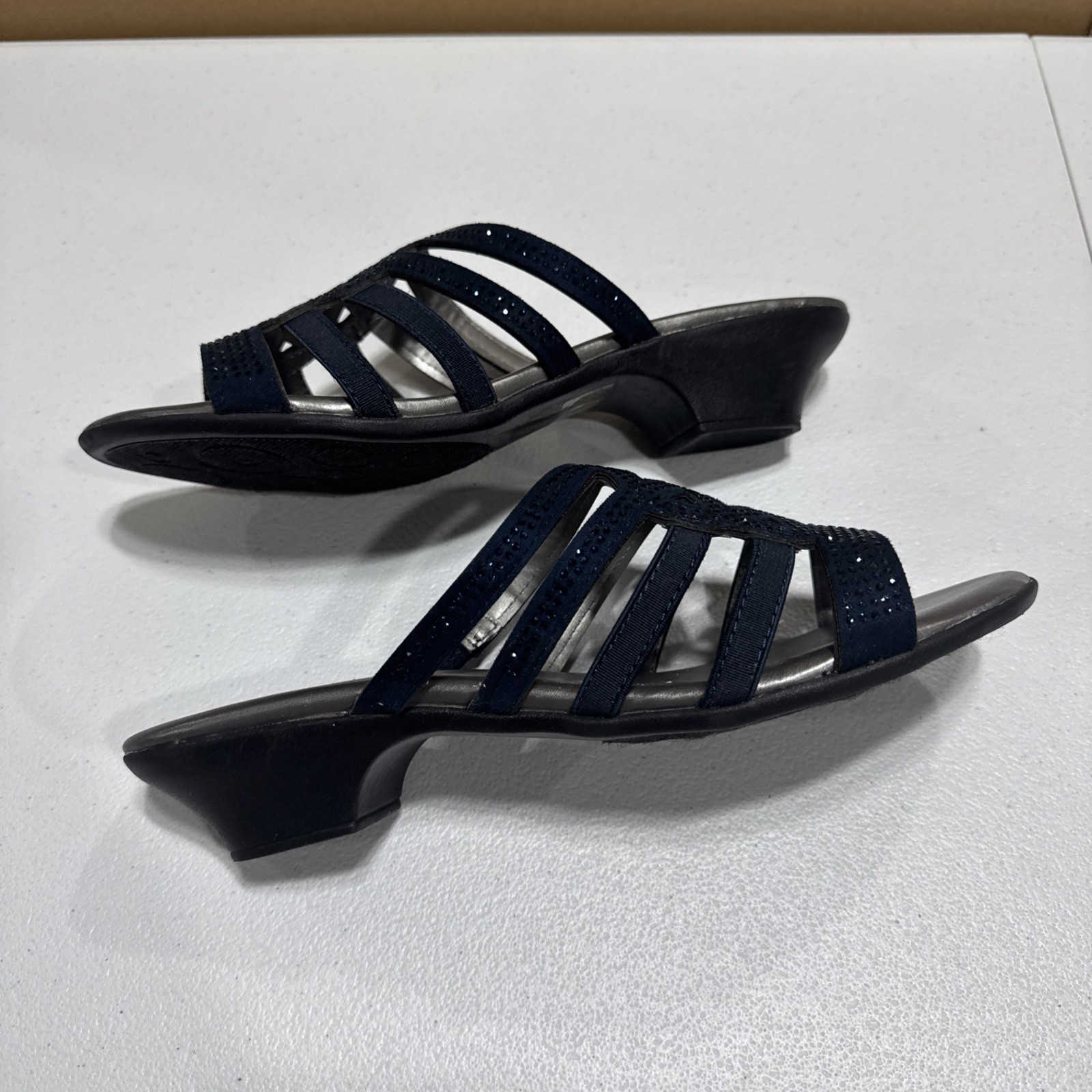 London Fog Ellie Navy Stones Slip On Shoes Mules Slides Sandals Low Heel Size 8