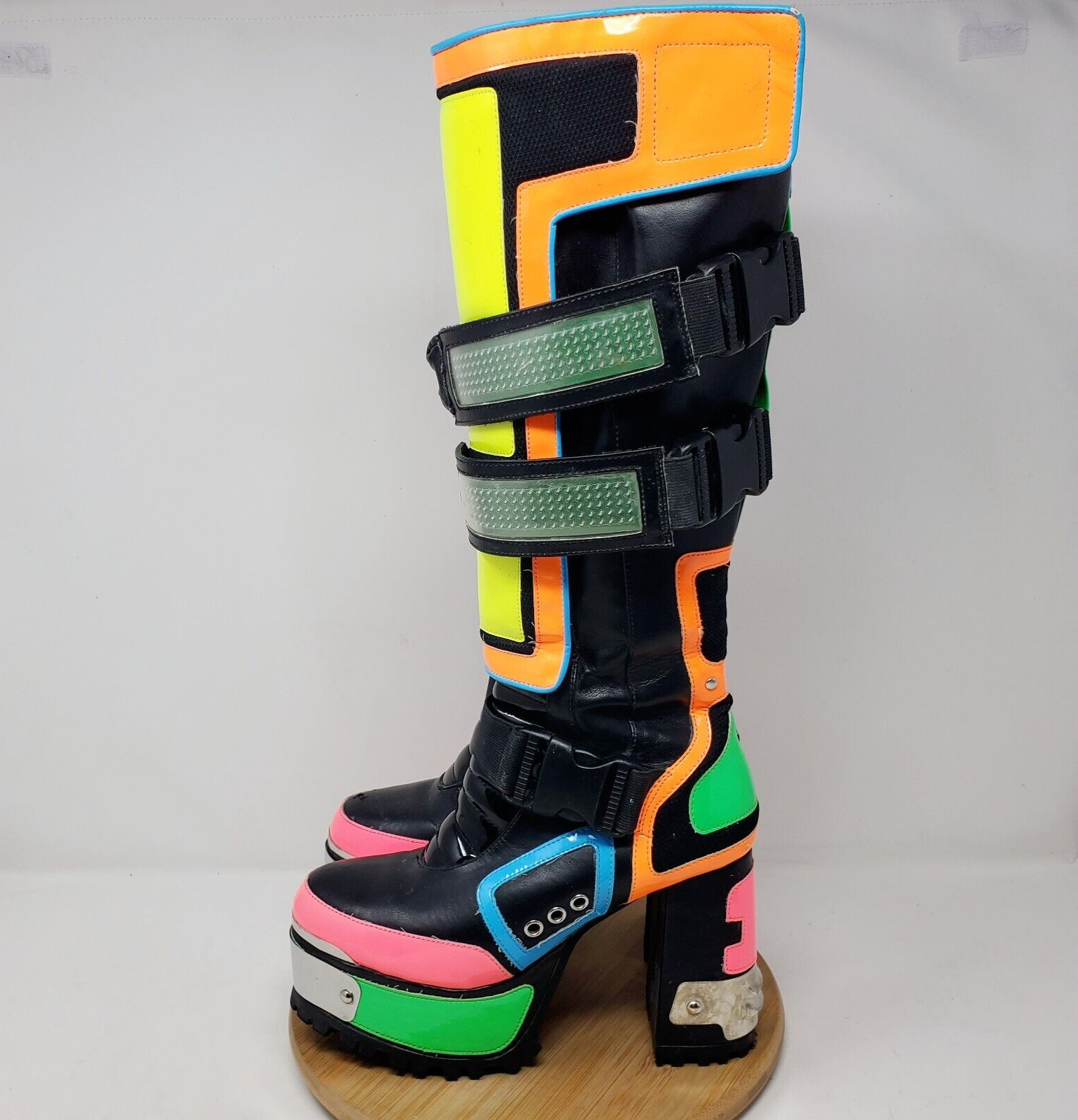 Club Exx Cybertron Babe Boots Womens 6 Platform Neon Vegan Lug Heel LED Straps