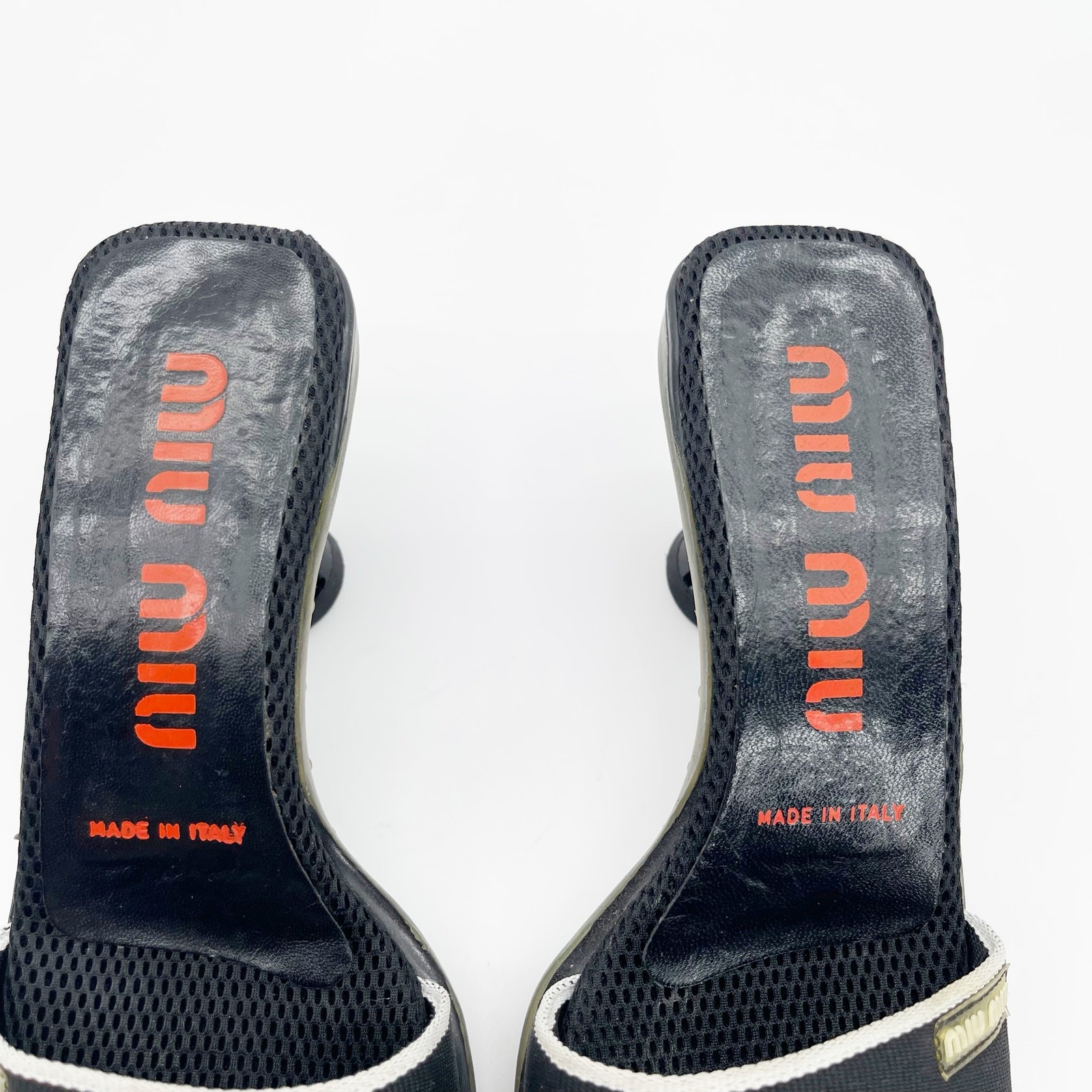 Miu Miu 90s y2k Black Mesh Logo Bubble Sole Kitten Heel Mules Slides IT 36.5