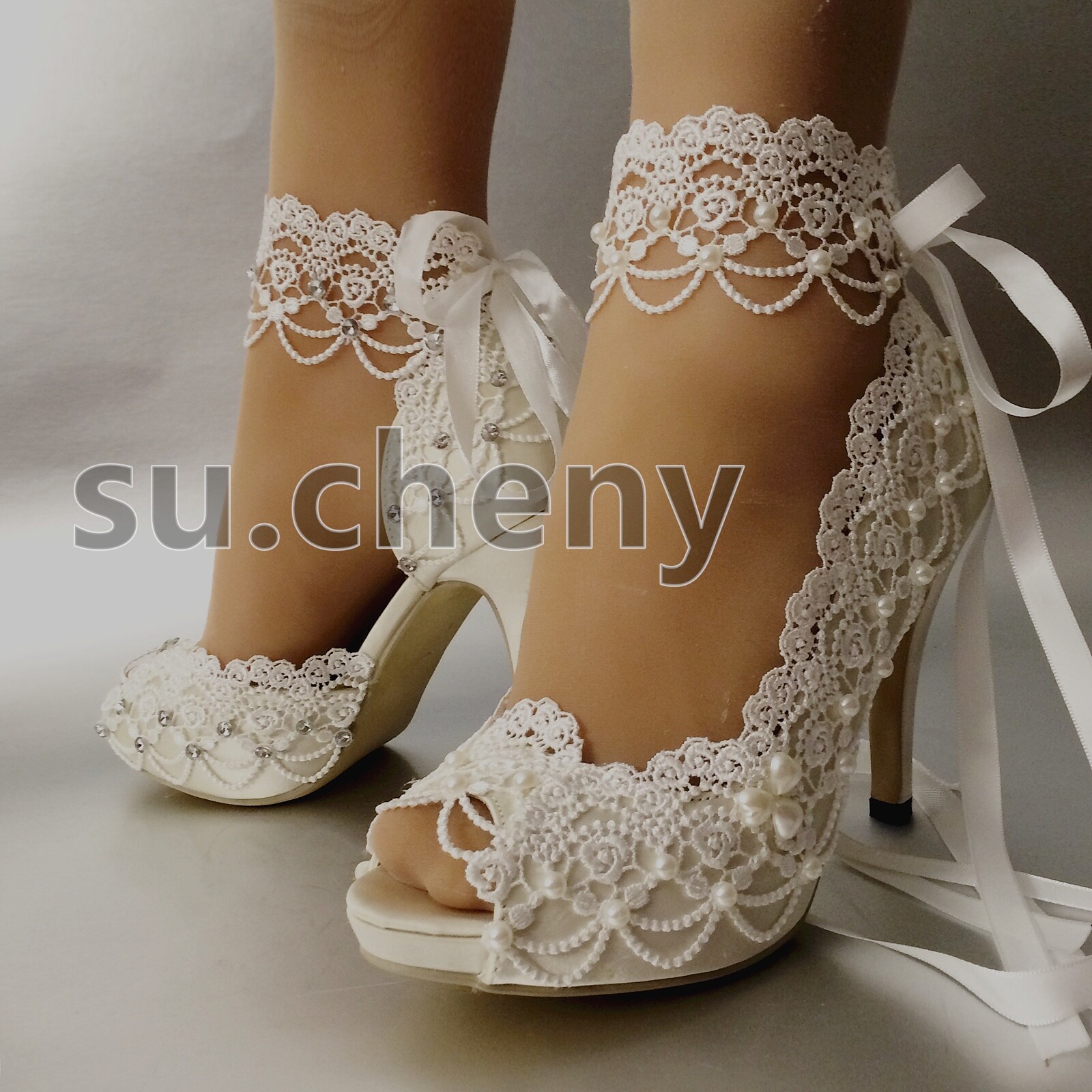 su.cheny 3″ 4” heel white ivory satin lace ribbon peep toe Wedding Bridal shoes