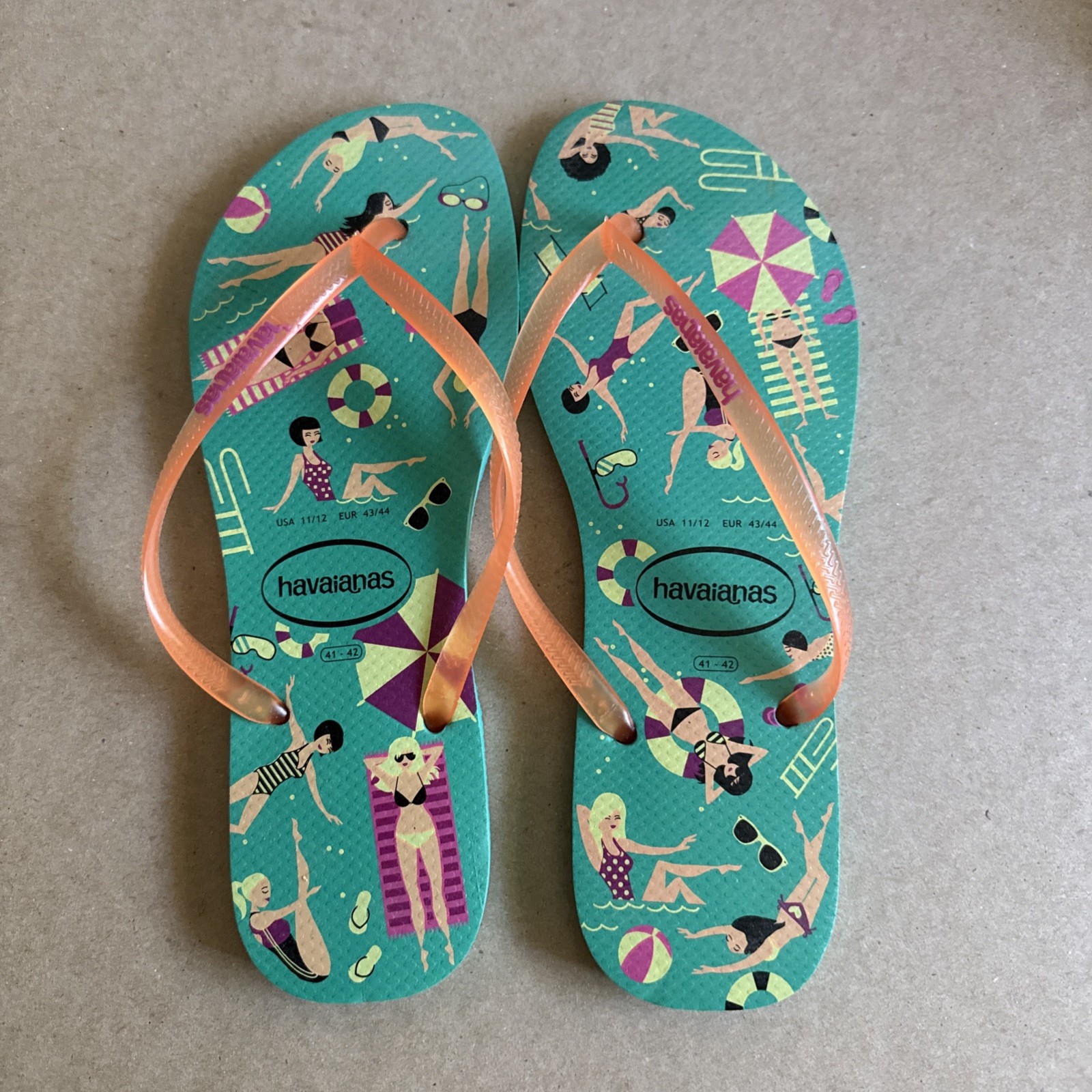 Havaianas Slim Green Pool Party Design with Orange Gel Straps 41/42 – New