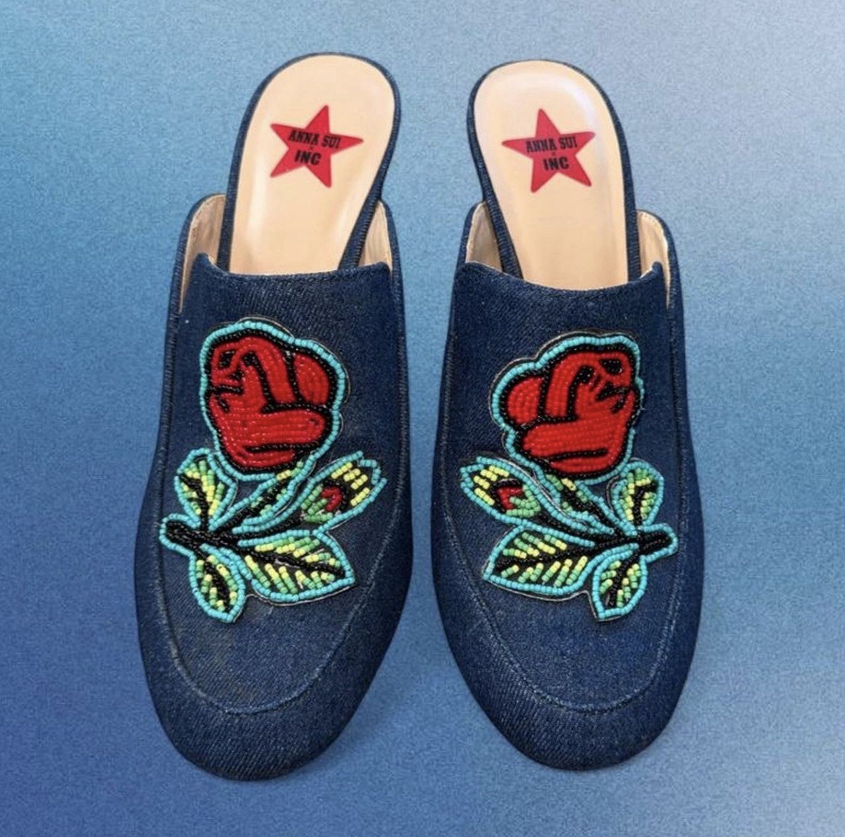 Anna Sui x INC Maddiee Beaded Denim Mules Round Toe Cone Heels 8.5