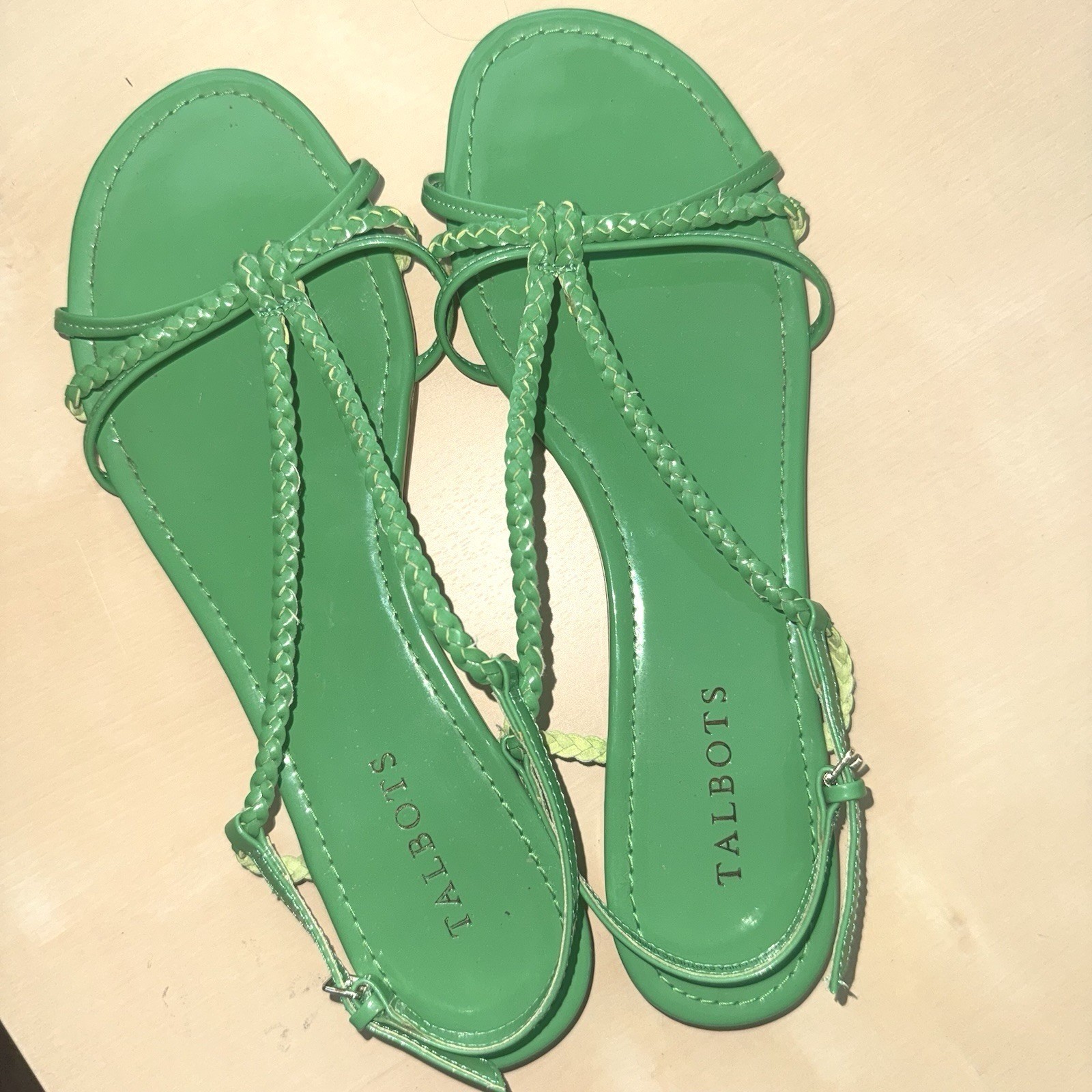 Talbots Sandals Kelly Green Patent Leather Braided Straps Women’s 8.5 Slingback