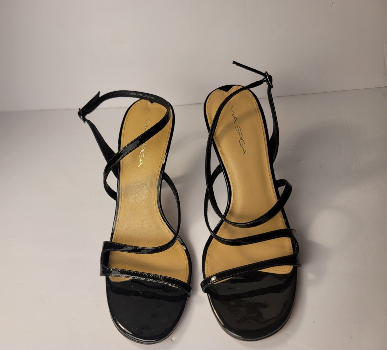 Via Spiga Black Patent Leather Strappy Slingback Sandals Heels Women’s Size 9M