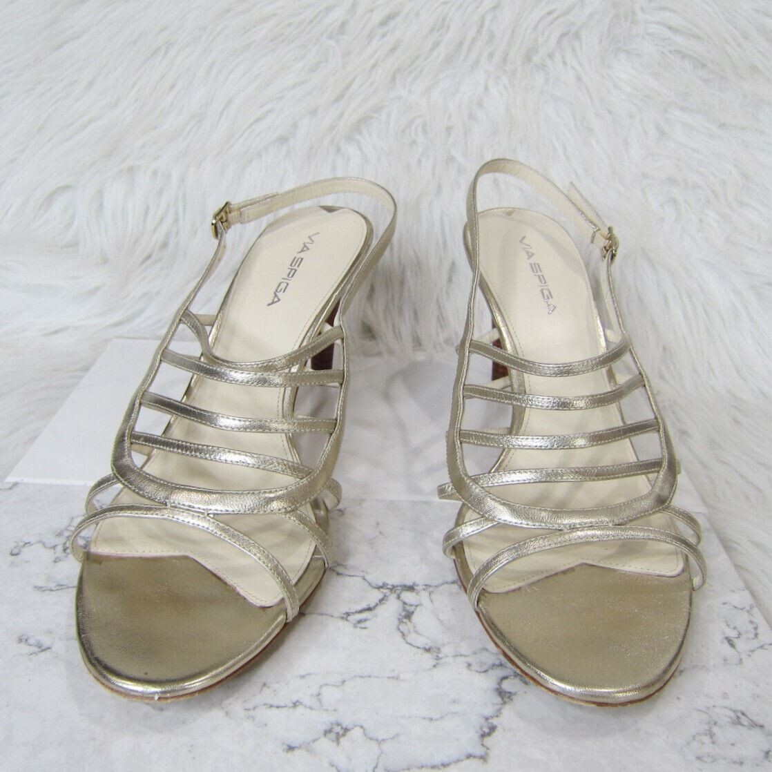 Via Spiga Strappy Metallic White Gold Sandals Heels Size 10.5 M