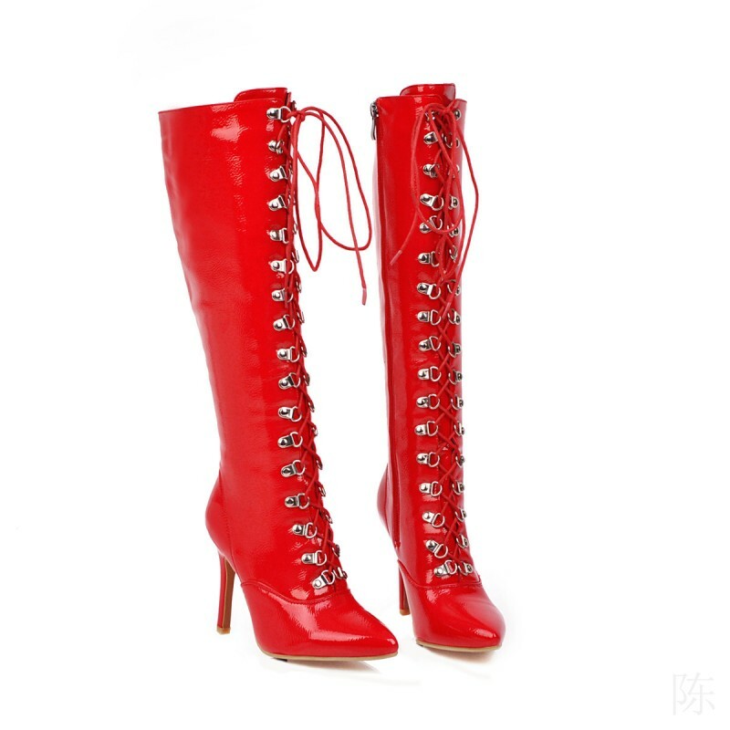 Women Patent Leather Knee High Riding Boots Slim Heels Lace up Zipper Shoes 4-13